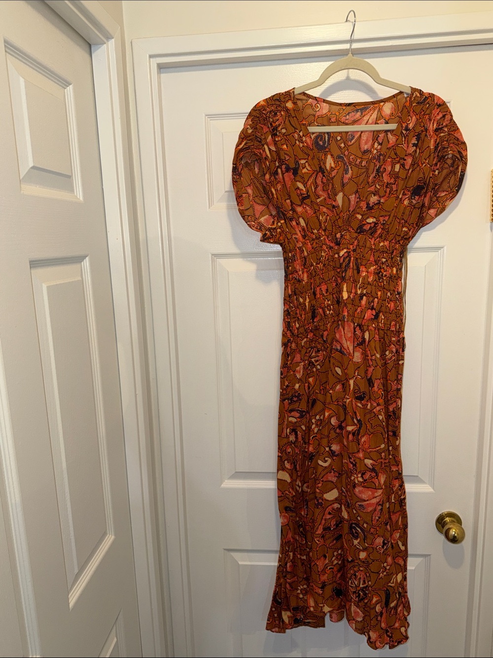 Ulla Johnson Burnt Orange Floral Midi Dress with Puff Sleeves